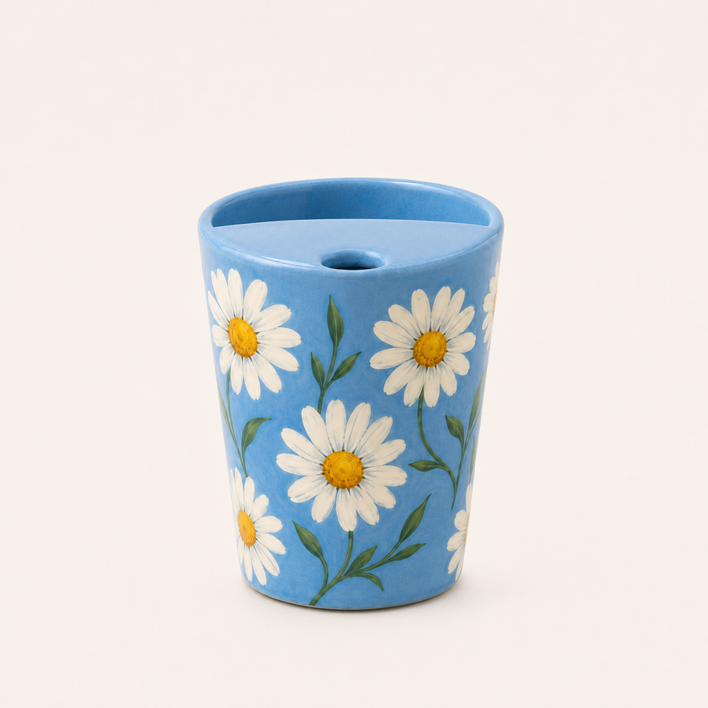 Hand-Painted Sky Blue Daisy Ceramic Travel Mug