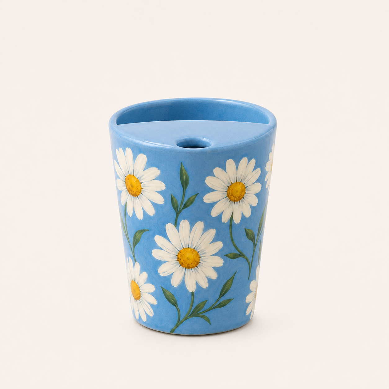 Hand-Painted Sky Blue Daisy Ceramic Travel Mug