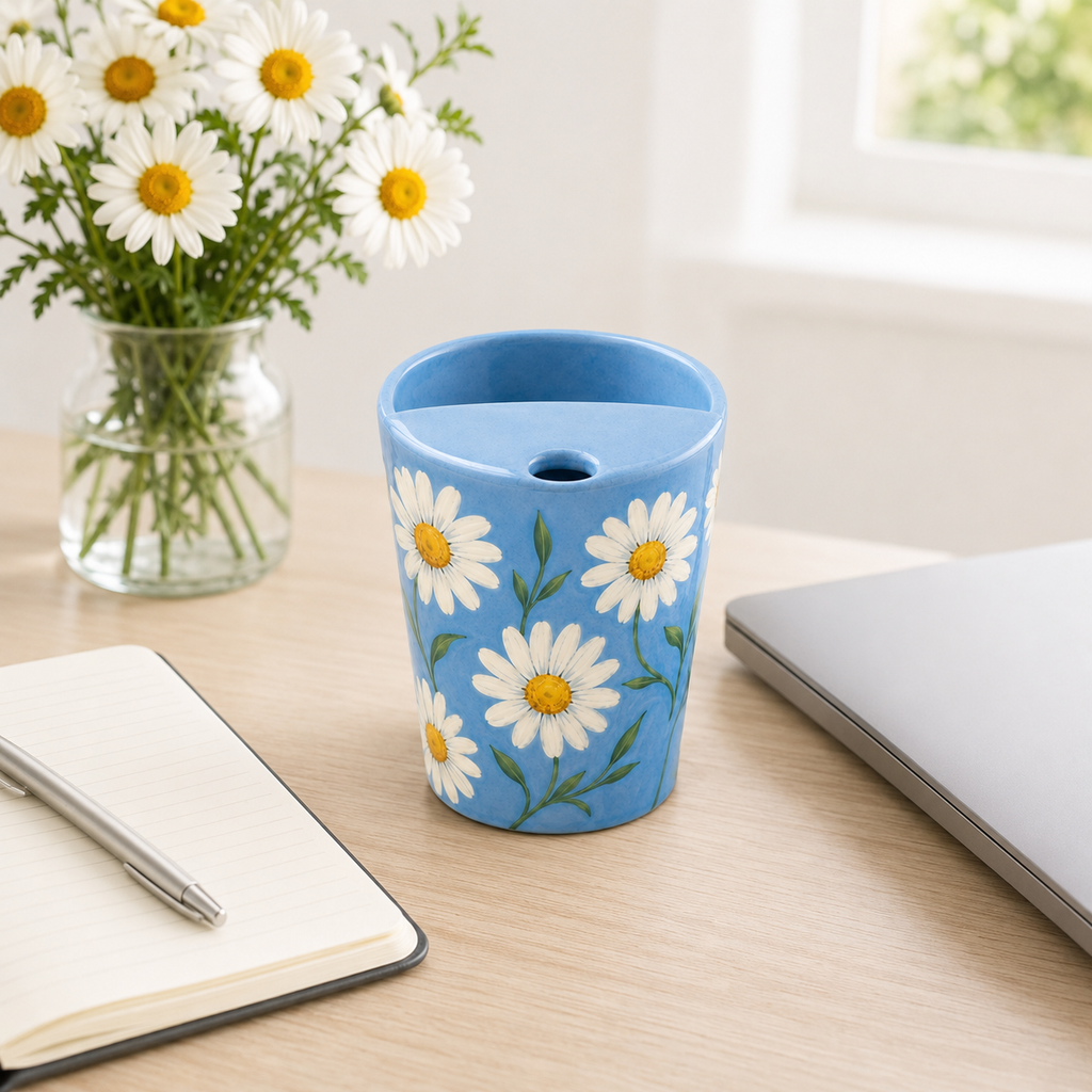 Hand-Painted Sky Blue Daisy Ceramic Travel Mug