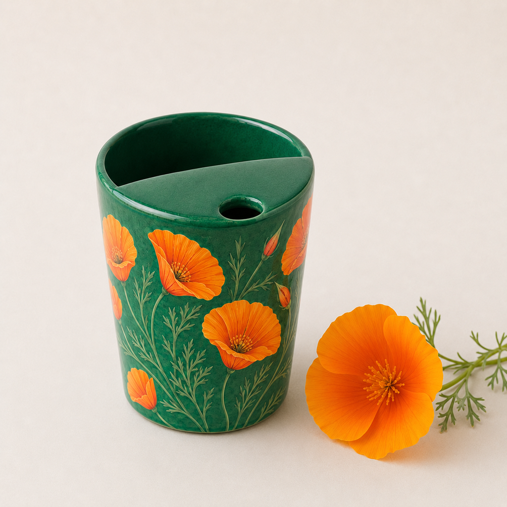 Emerald Green Orange Poppy Ceramic Travel Mug