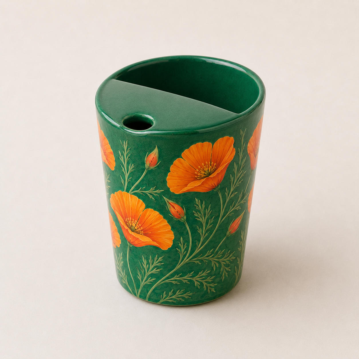 Emerald Green Orange Poppy Ceramic Travel Mug