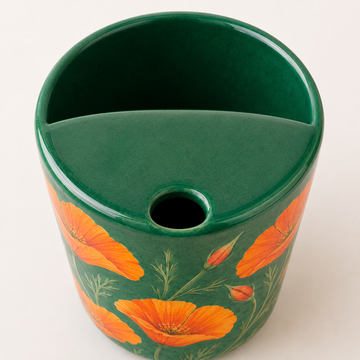 Emerald Green Orange Poppy Ceramic Travel Mug