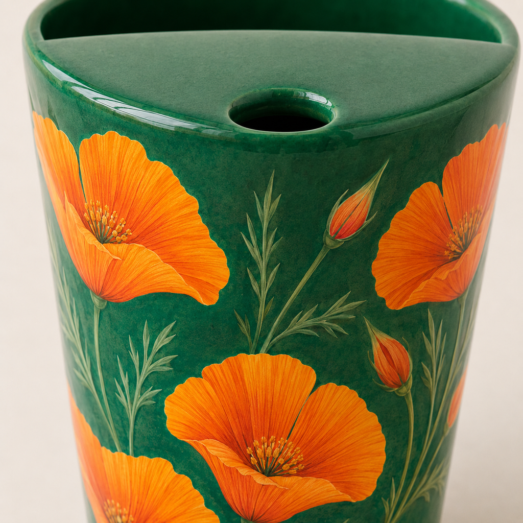 Emerald Green Orange Poppy Ceramic Travel Mug
