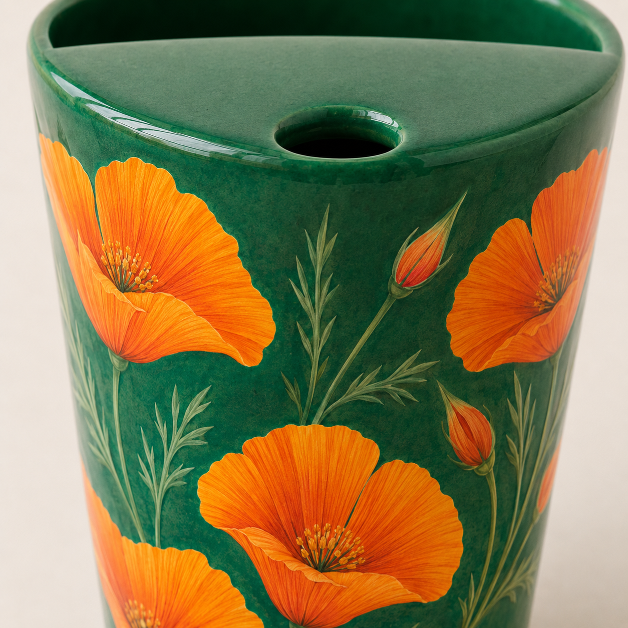 Emerald Green Orange Poppy Ceramic Travel Mug