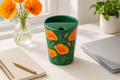 Emerald Green Orange Poppy Ceramic Travel Mug