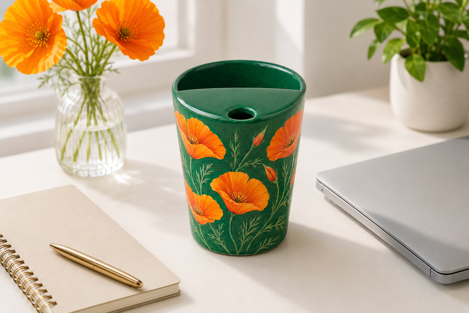 Emerald Green Orange Poppy Ceramic Travel Mug