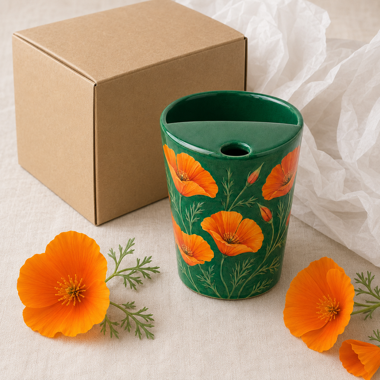 Emerald Green Orange Poppy Ceramic Travel Mug