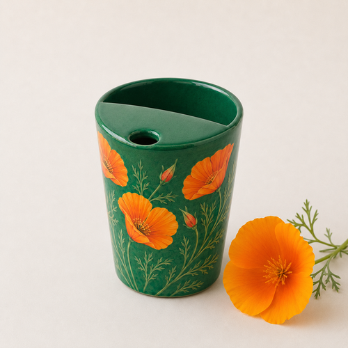 Emerald Green Orange Poppy Ceramic Travel Mug