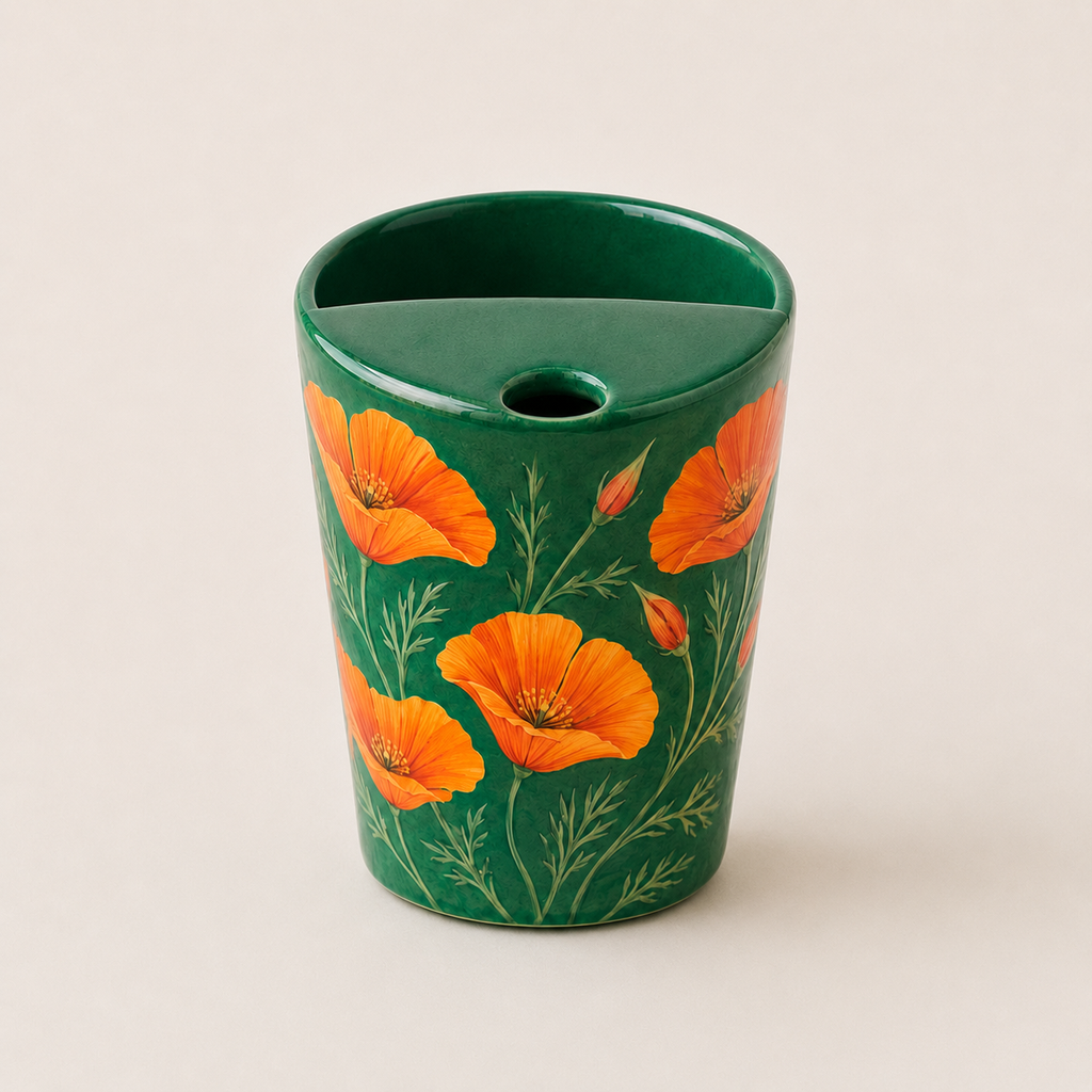 Emerald Green Orange Poppy Ceramic Travel Mug
