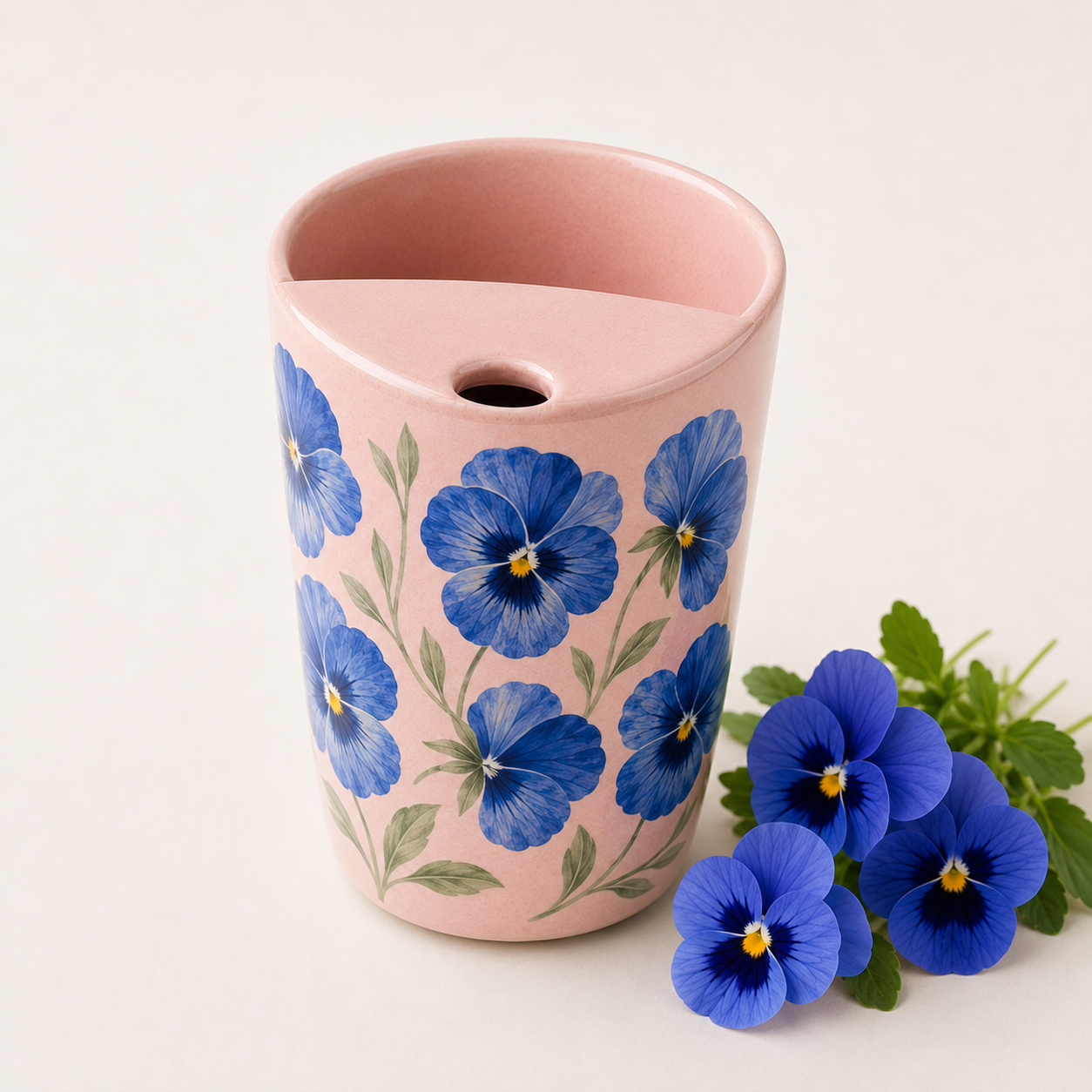 Blush Pink Blue Pansy Ceramic Travel Mug