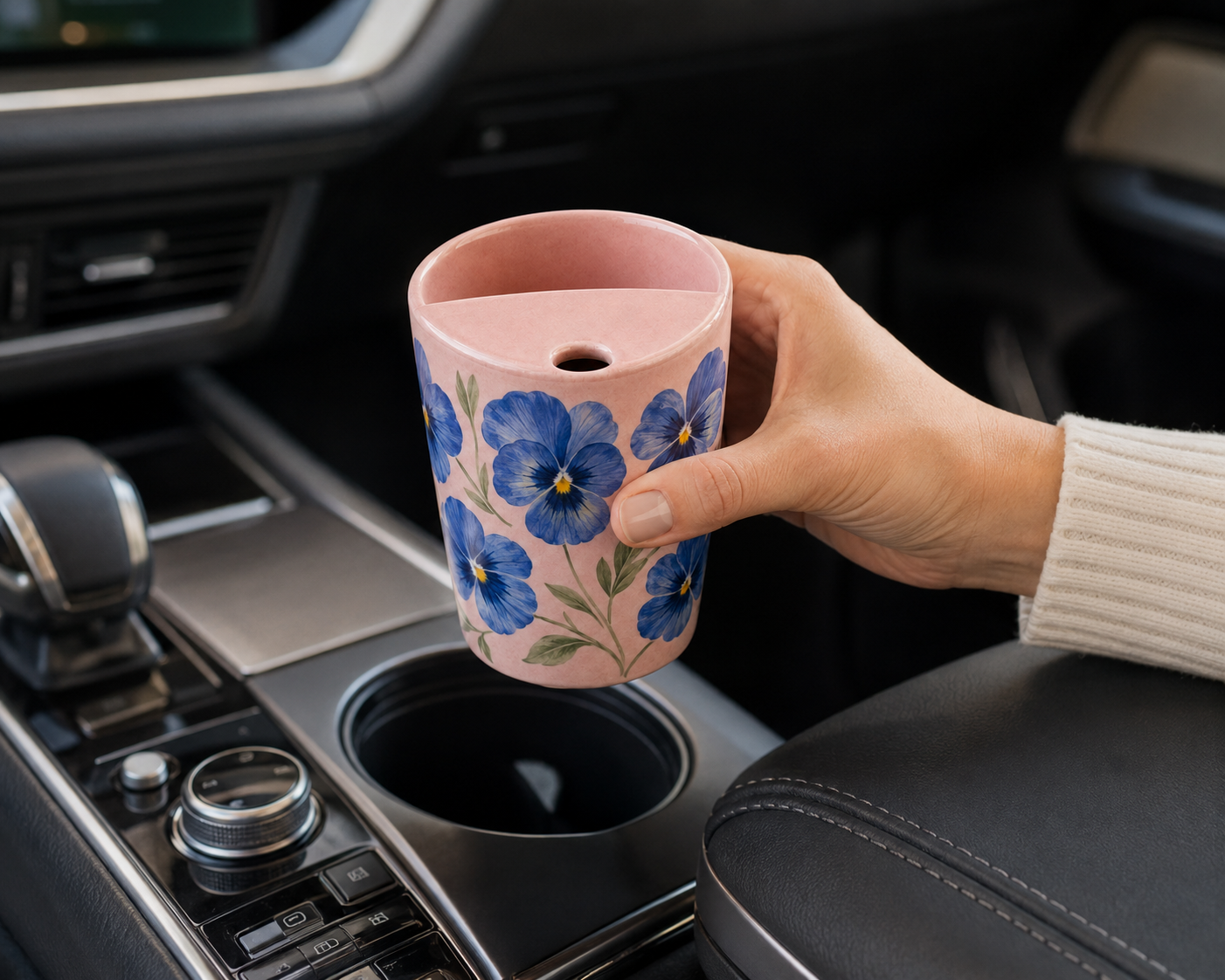 Blush Pink Blue Pansy Ceramic Travel Mug