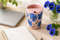 Blush Pink Blue Pansy Ceramic Travel Mug