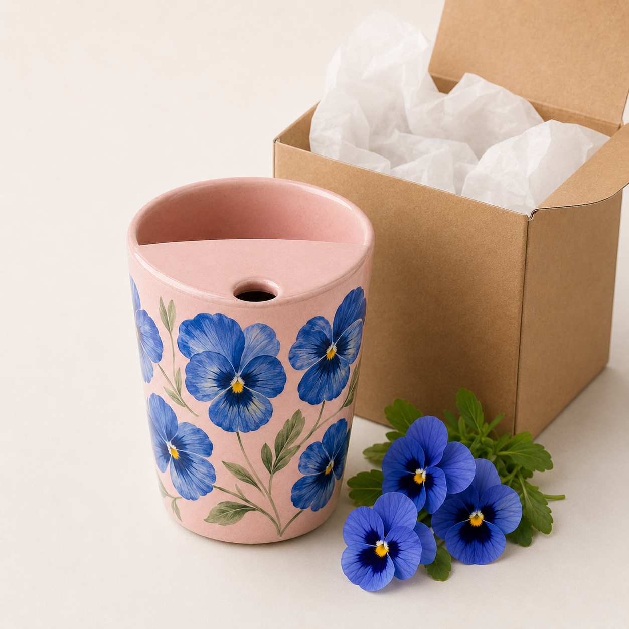 Blush Pink Blue Pansy Ceramic Travel Mug