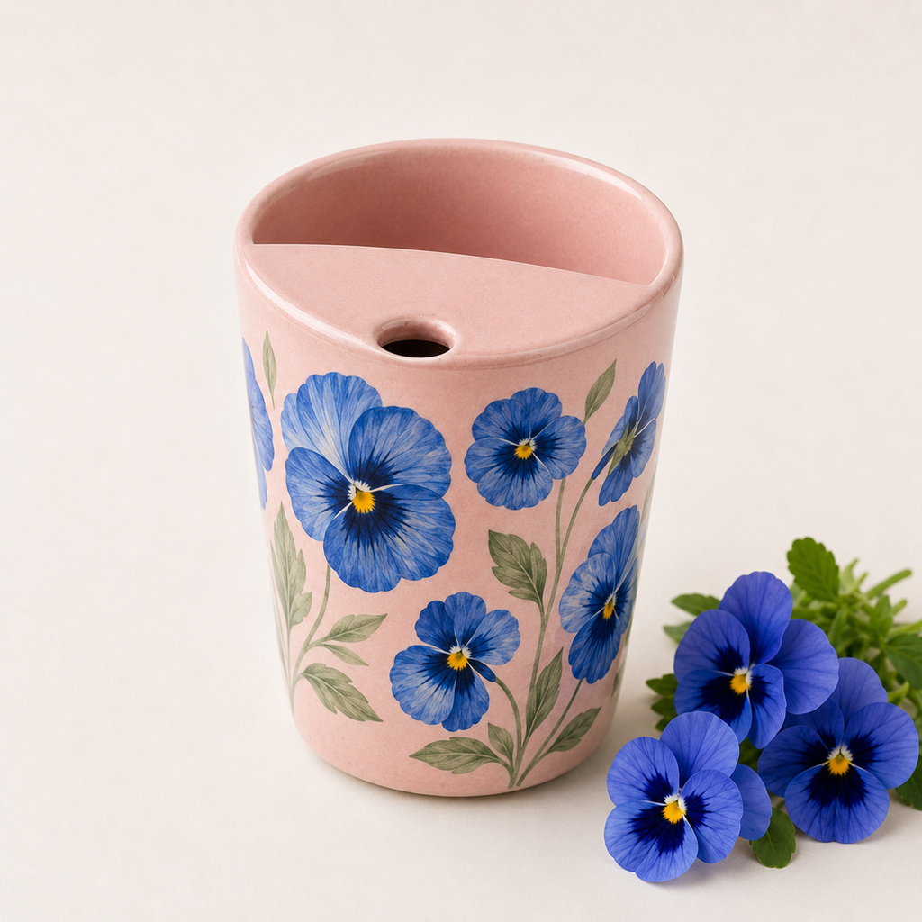 Blush Pink Blue Pansy Ceramic Travel Mug