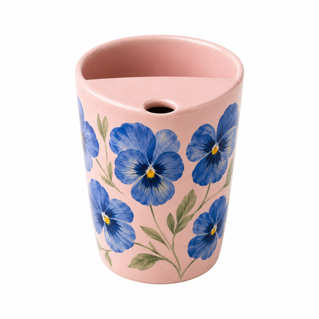 Blush Pink Blue Pansy Ceramic Travel Mug
