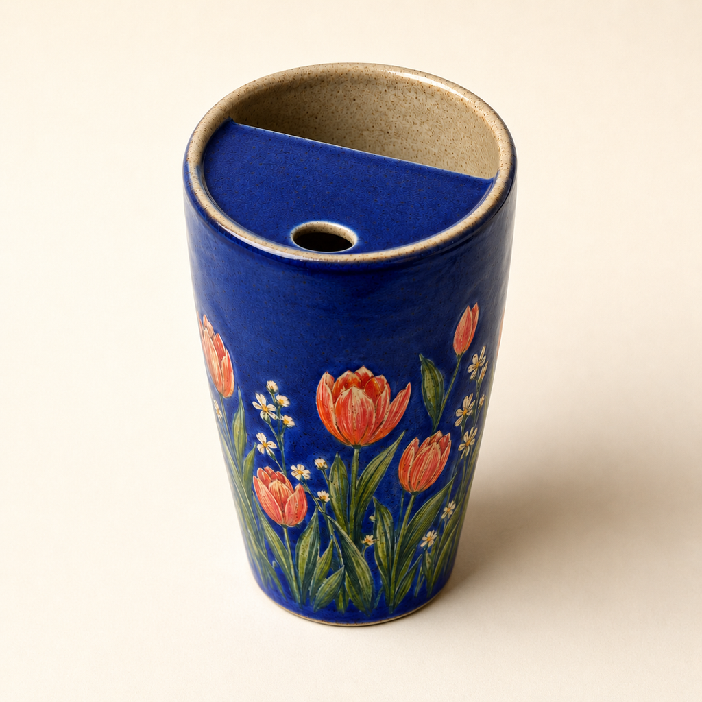 Handmade Blue Tulip Ceramic Travel Mug