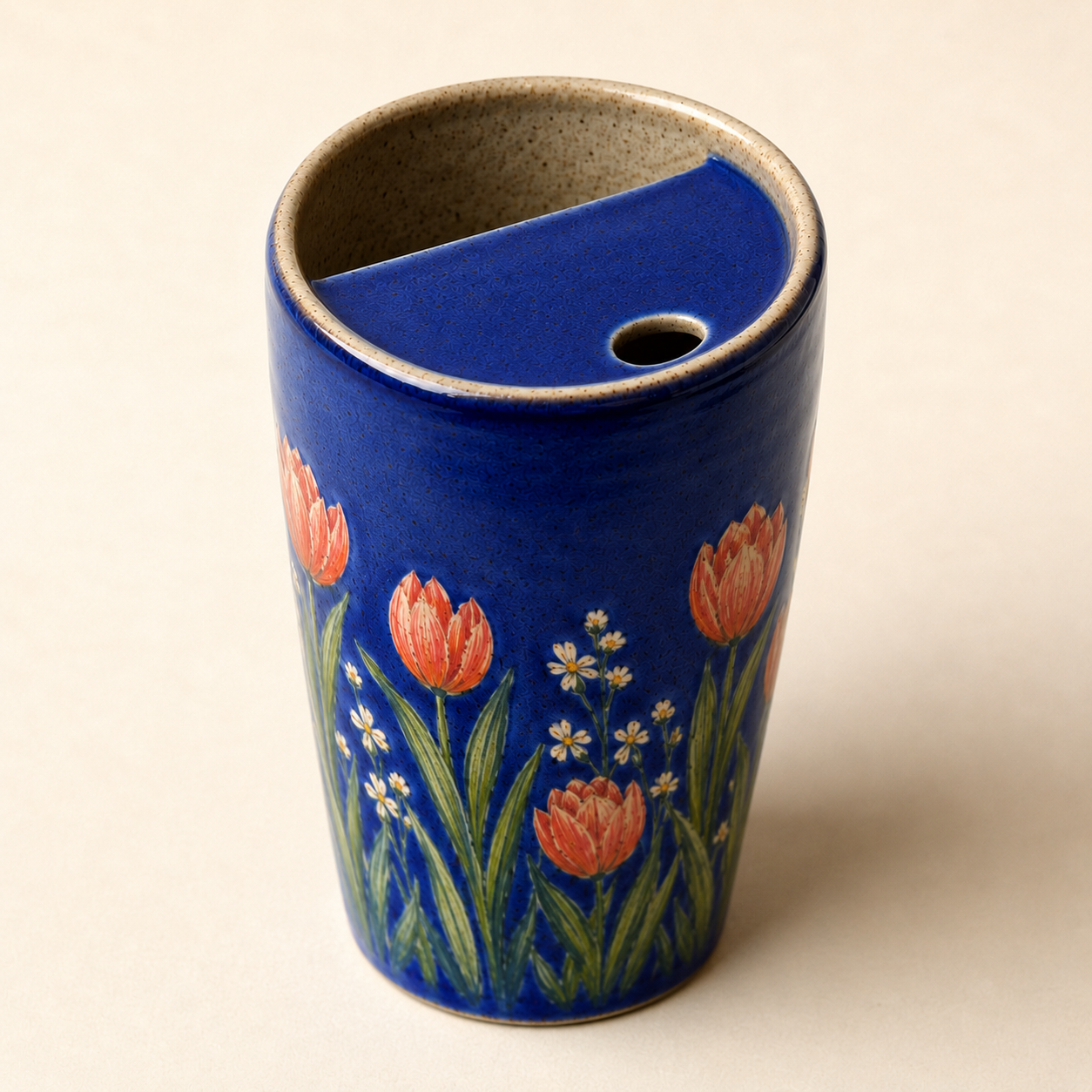 Handmade Blue Tulip Ceramic Travel Mug
