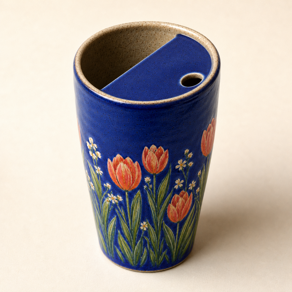 Handmade Blue Tulip Ceramic Travel Mug