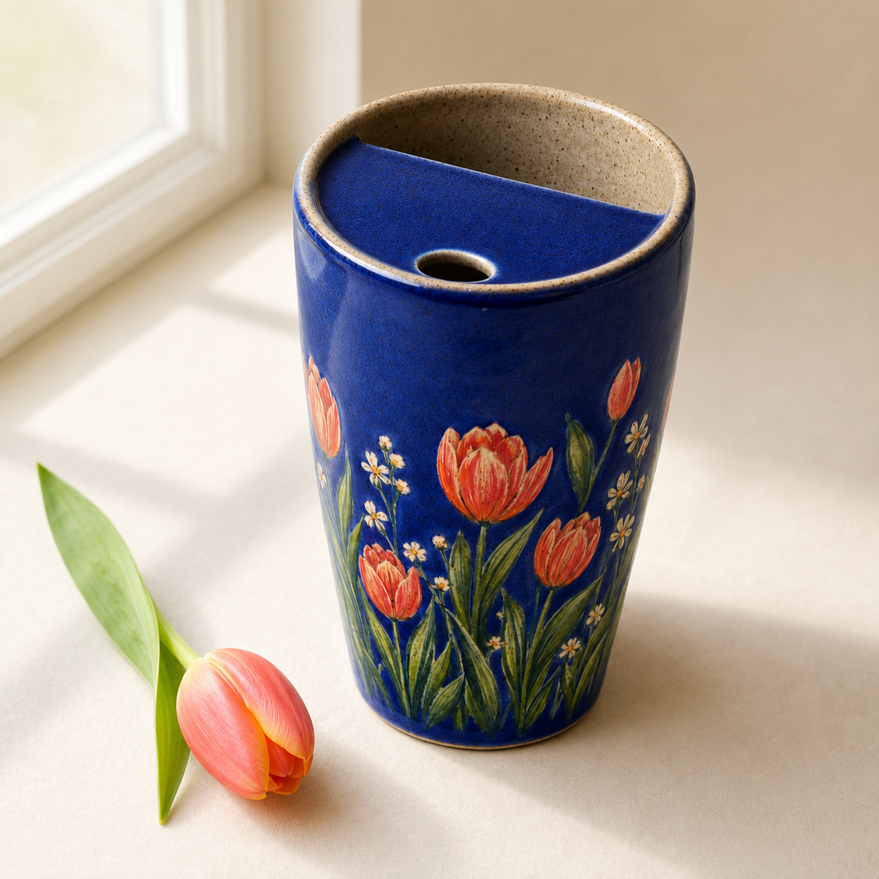 Handmade Blue Tulip Ceramic Travel Mug