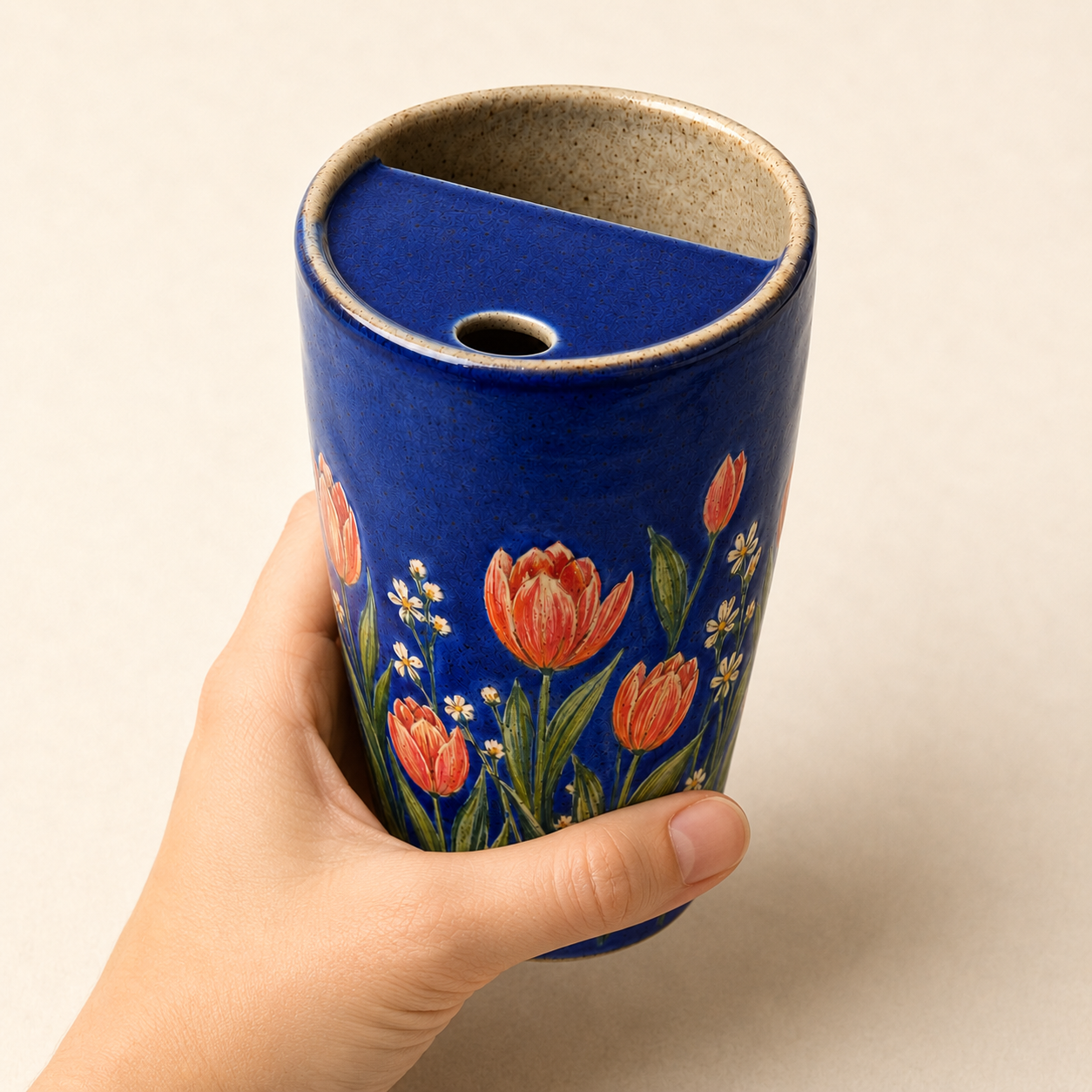 Handmade Blue Tulip Ceramic Travel Mug