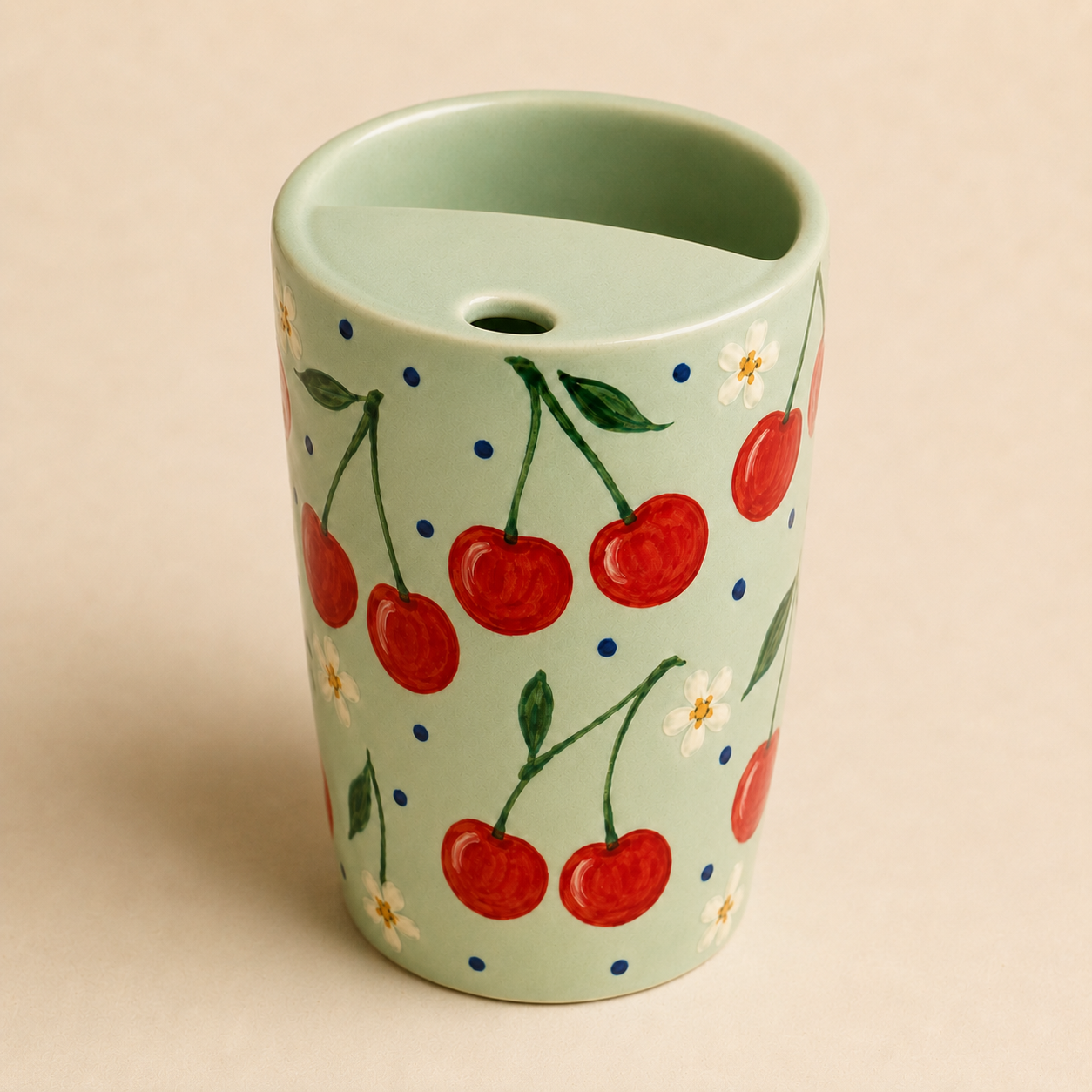 Mint Cherry Handmade Ceramic Travel Mug