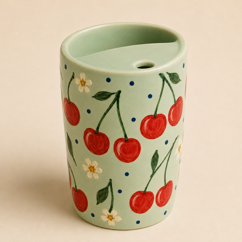 Mint Cherry Handmade Ceramic Travel Mug