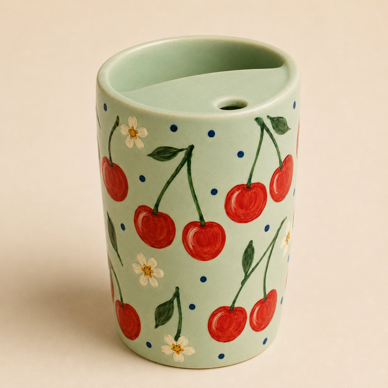 Mint Cherry Handmade Ceramic Travel Mug