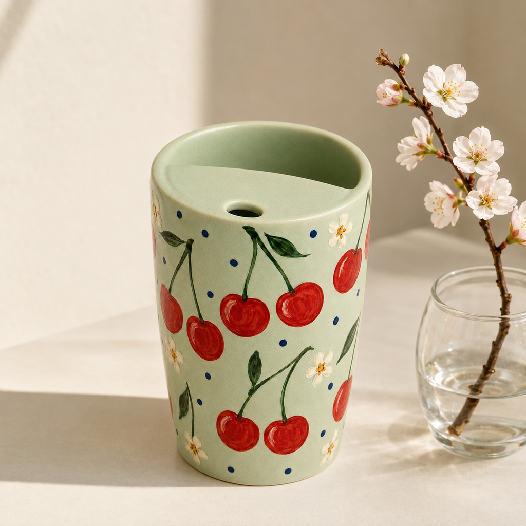 Mint Cherry Handmade Ceramic Travel Mug