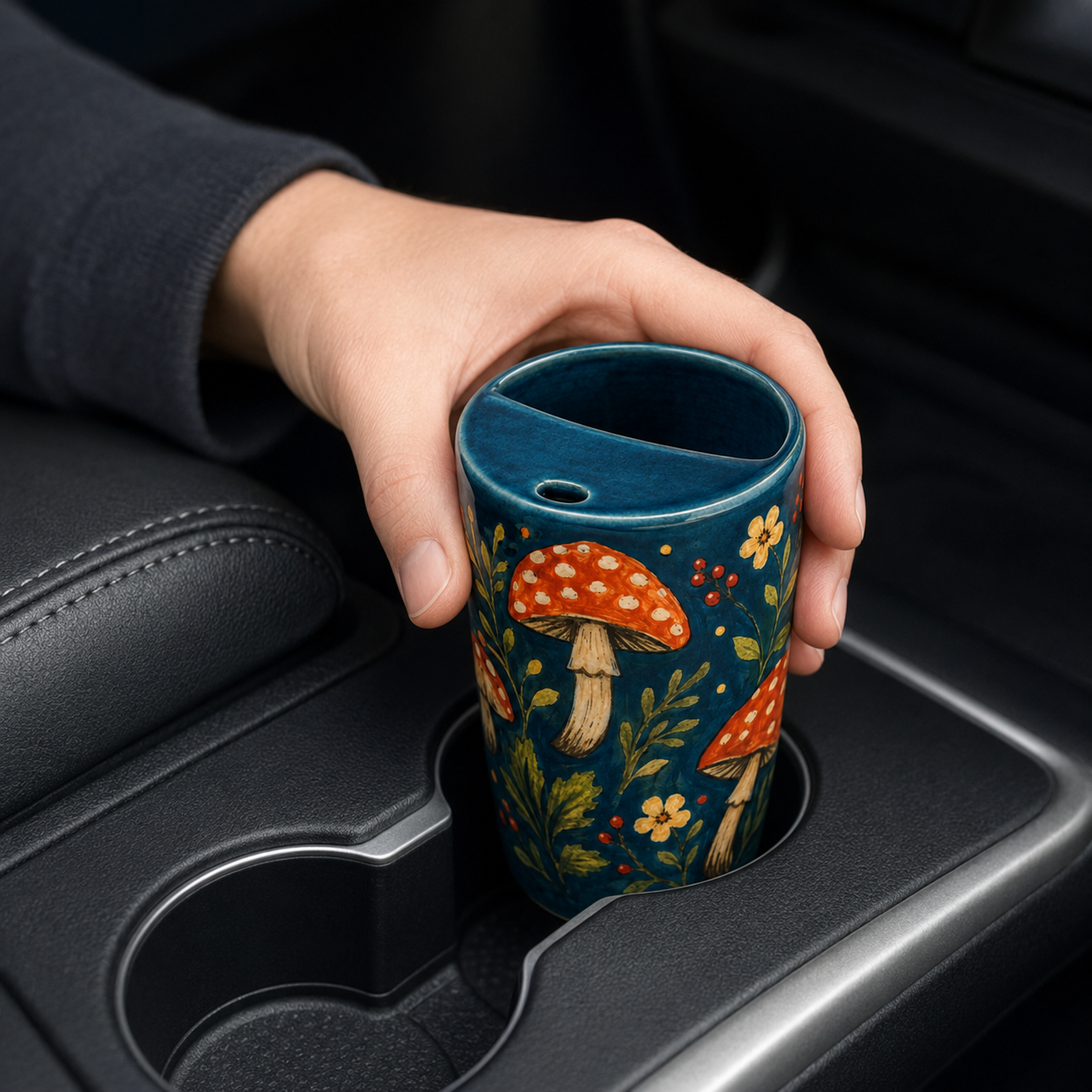 Teal Woodland Mushroom Handmade Ceramic Travel Mug