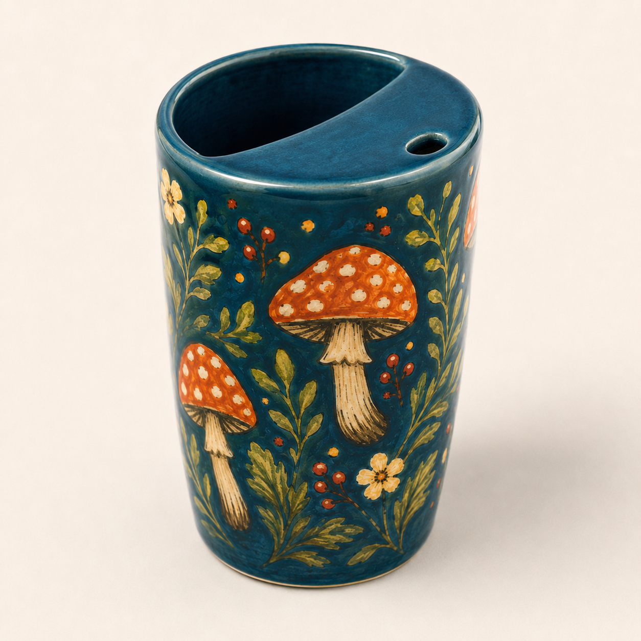 Teal Woodland Mushroom Handmade Ceramic Travel Mug