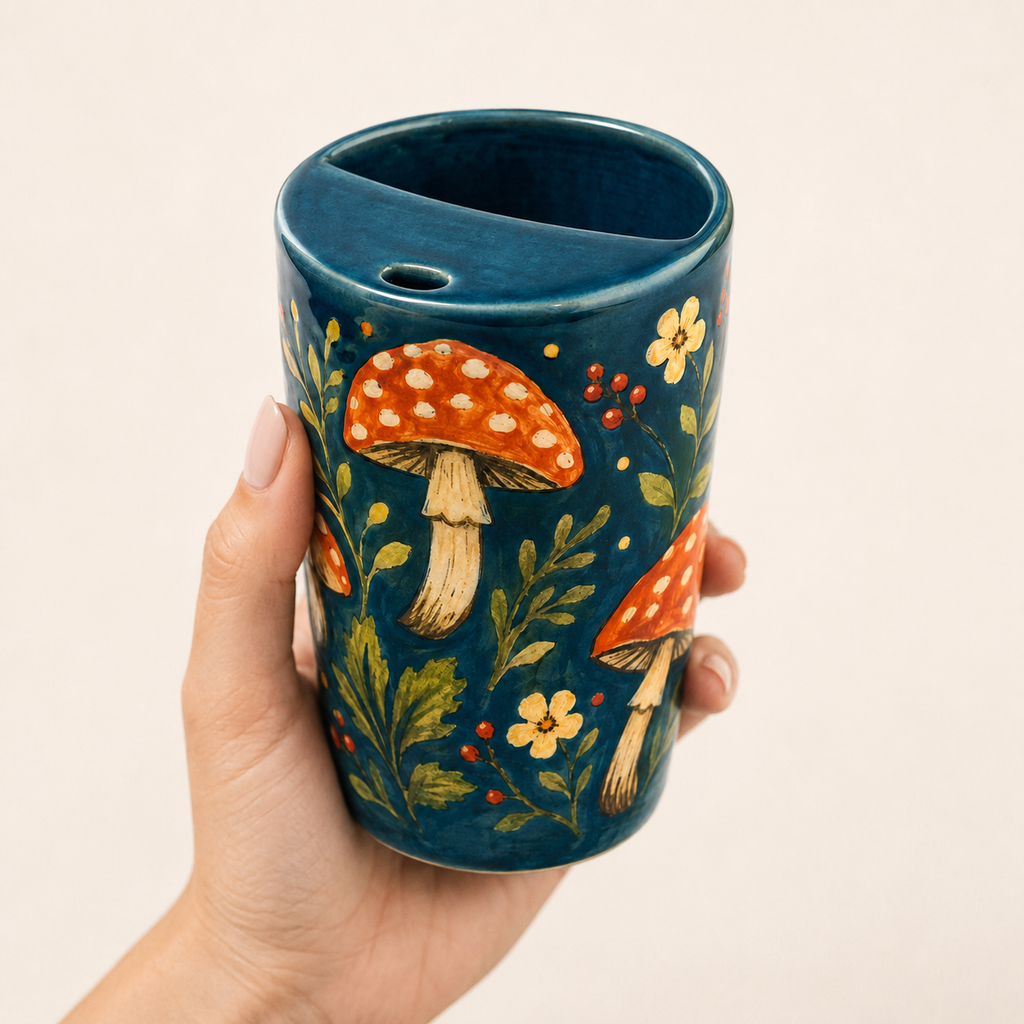 Teal Woodland Mushroom Handmade Ceramic Travel Mug