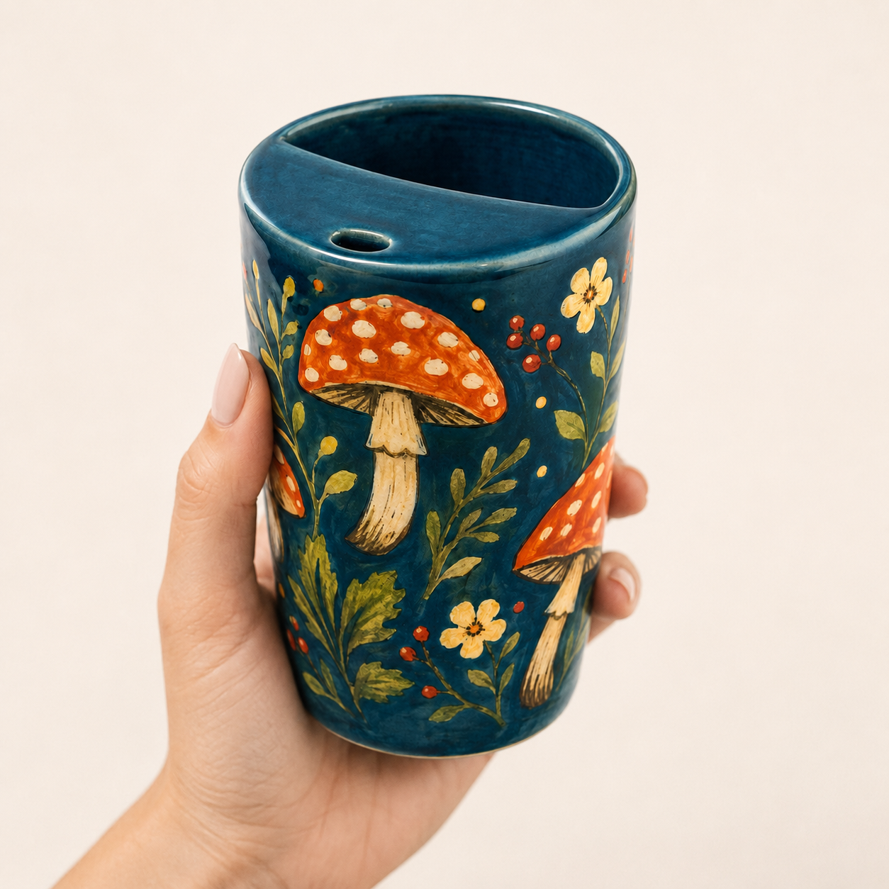 Teal Woodland Mushroom Handmade Ceramic Travel Mug