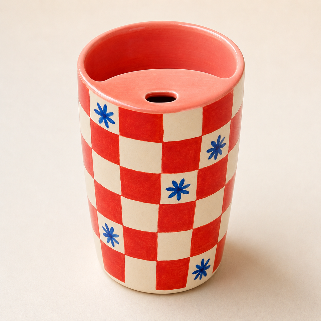 Coral Checkerboard Handmade Ceramic Travel Mug