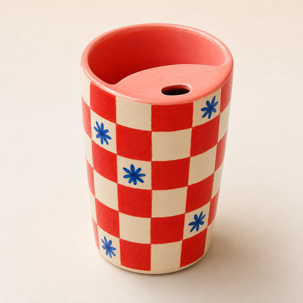 Coral Checkerboard Handmade Ceramic Travel Mug