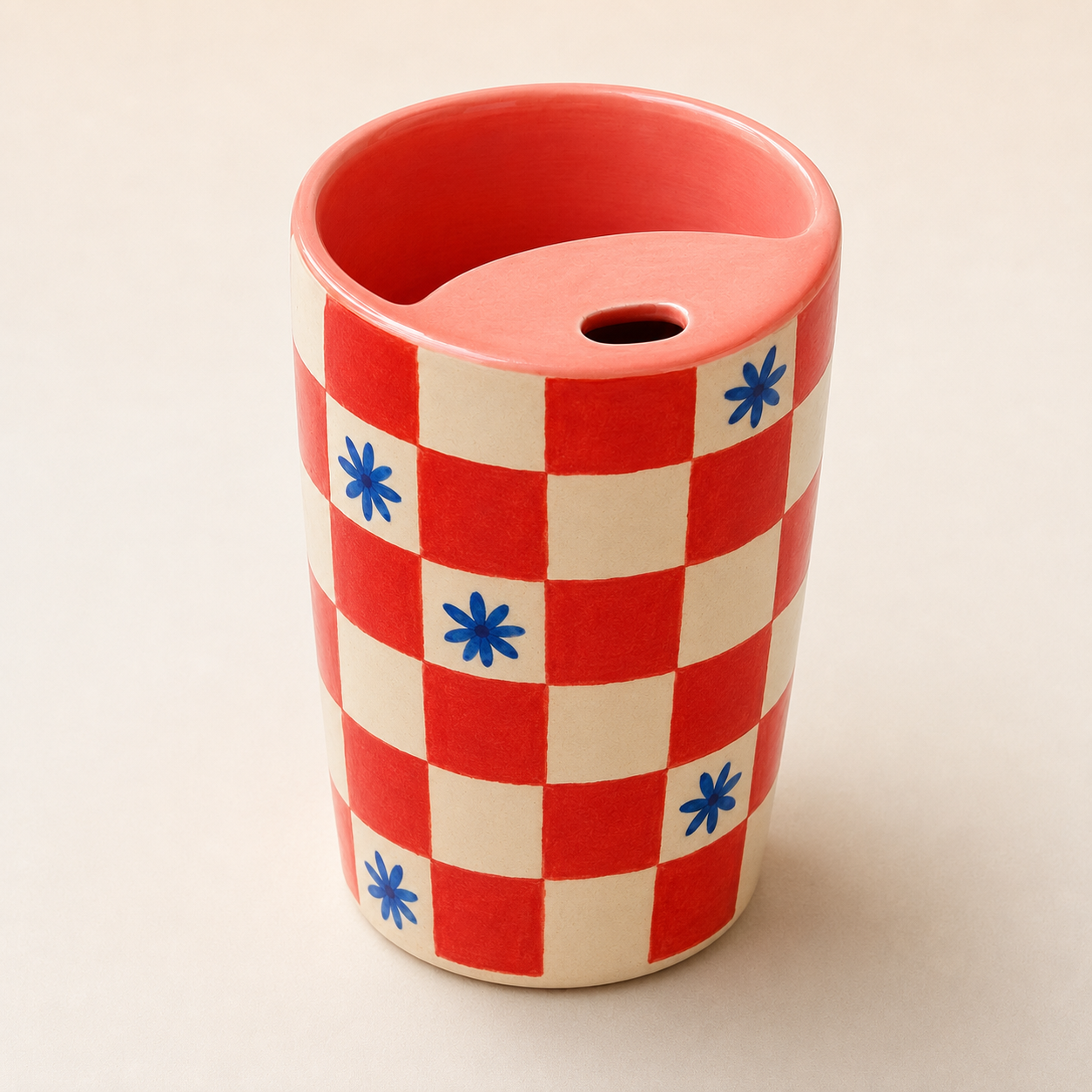 Coral Checkerboard Handmade Ceramic Travel Mug