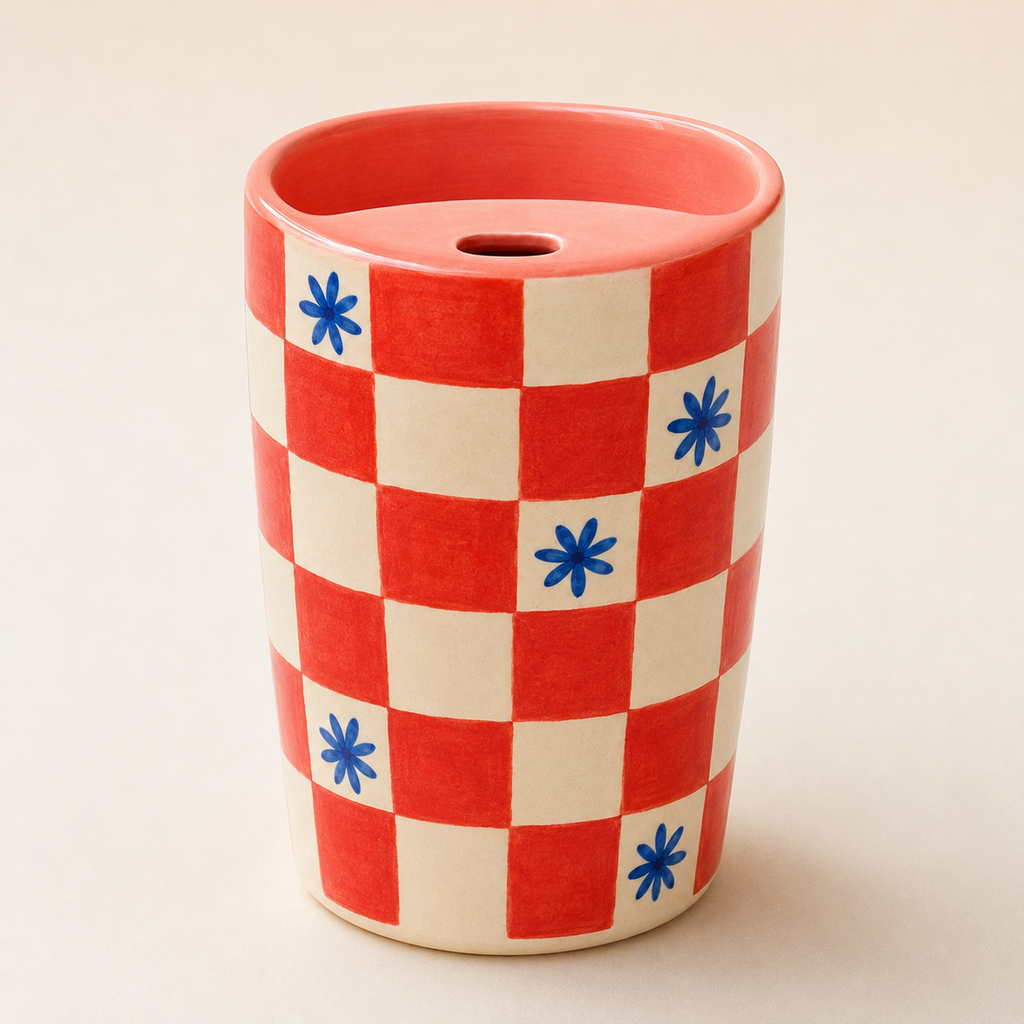 Coral Checkerboard Handmade Ceramic Travel Mug