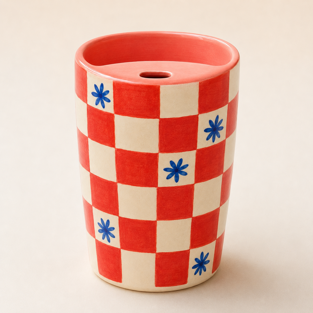 Coral Checkerboard Handmade Ceramic Travel Mug