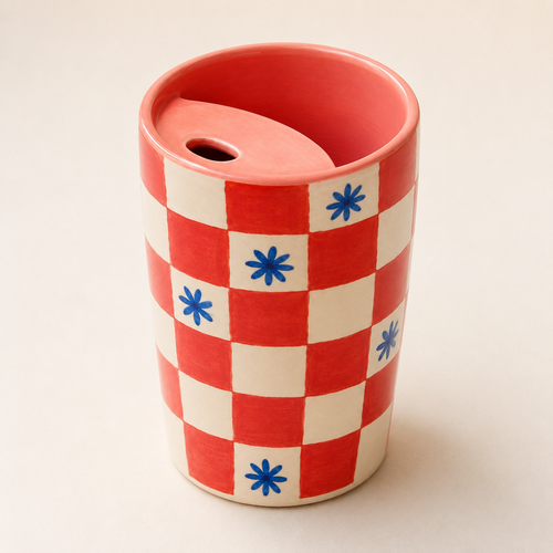 Coral Checkerboard Handmade Ceramic Travel Mug