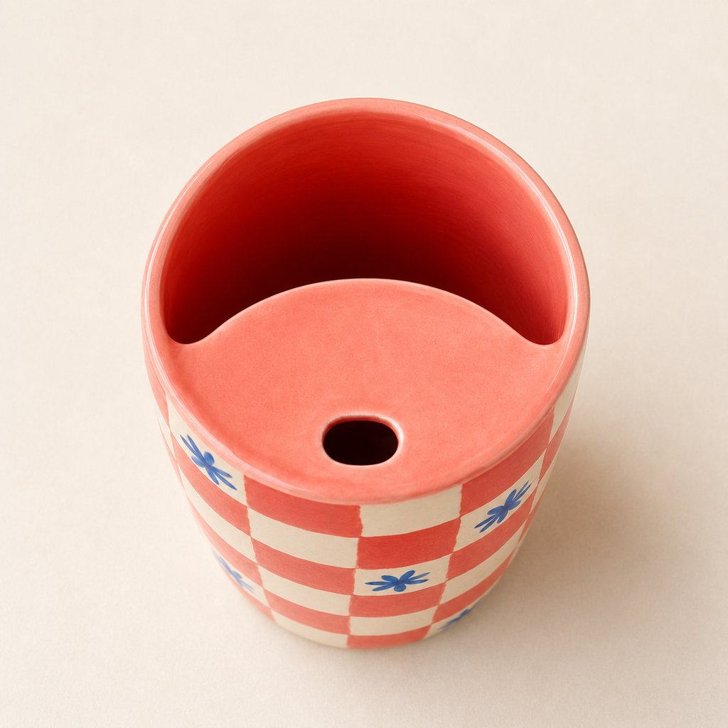 Coral Checkerboard Handmade Ceramic Travel Mug