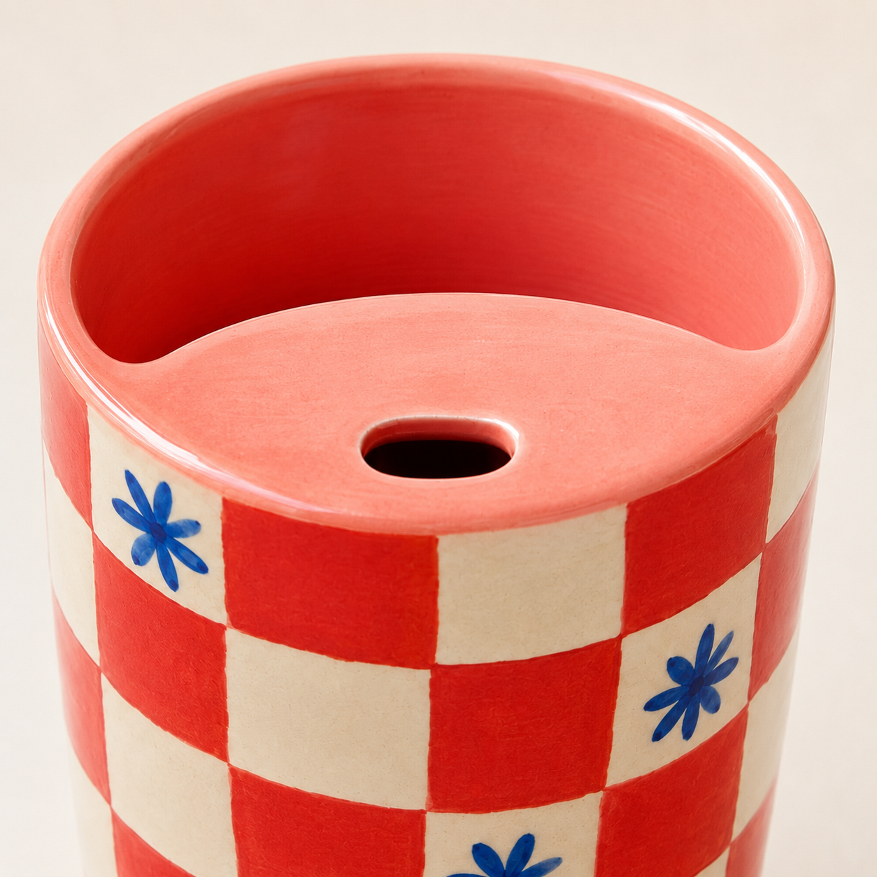 Coral Checkerboard Handmade Ceramic Travel Mug