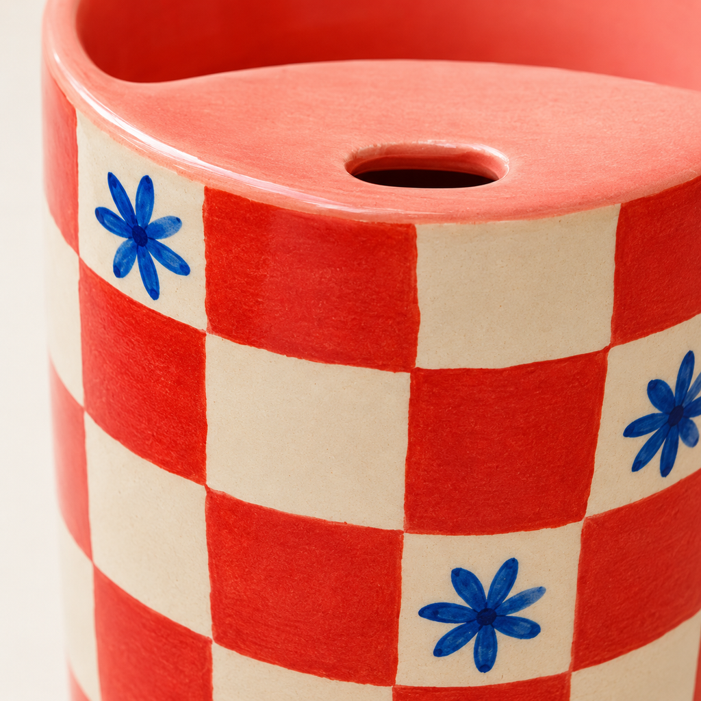 Coral Checkerboard Handmade Ceramic Travel Mug