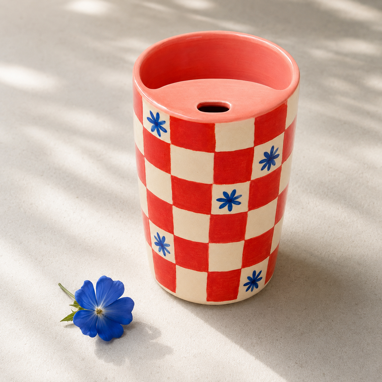 Coral Checkerboard Handmade Ceramic Travel Mug