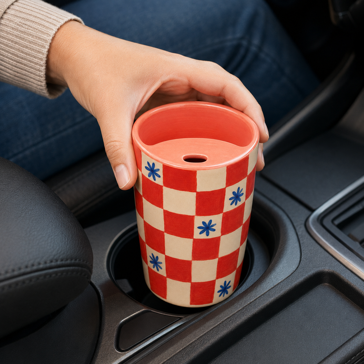 Coral Checkerboard Handmade Ceramic Travel Mug