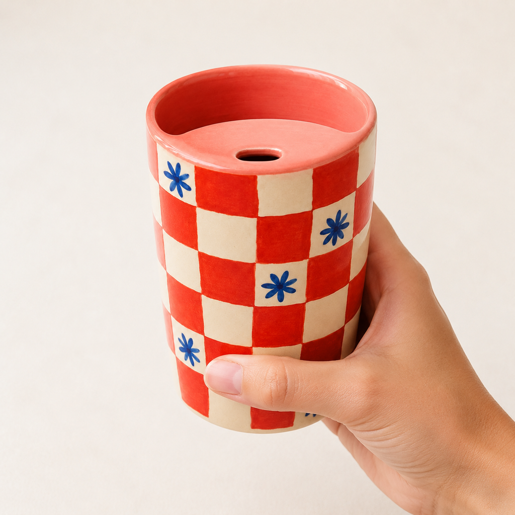 Coral Checkerboard Handmade Ceramic Travel Mug
