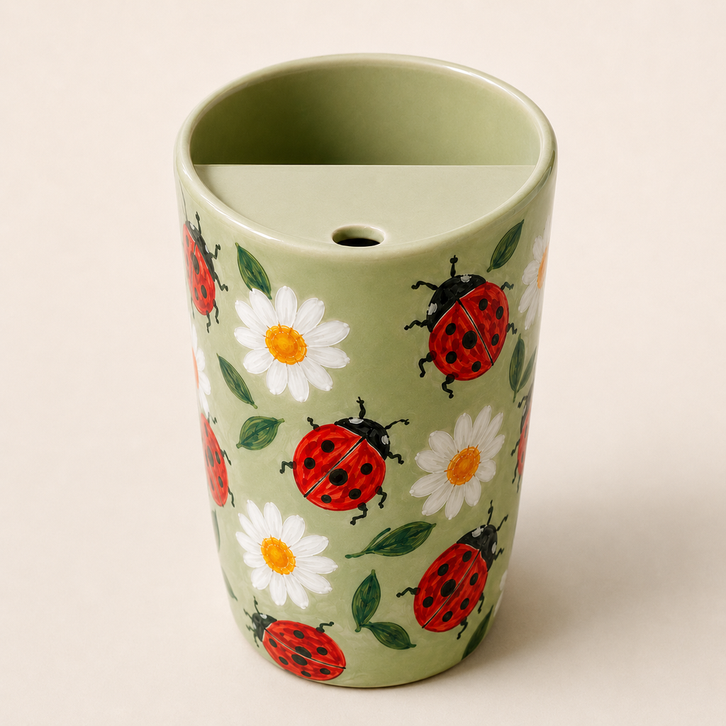 Handmade Ladybug Daisy Ceramic Travel Mug