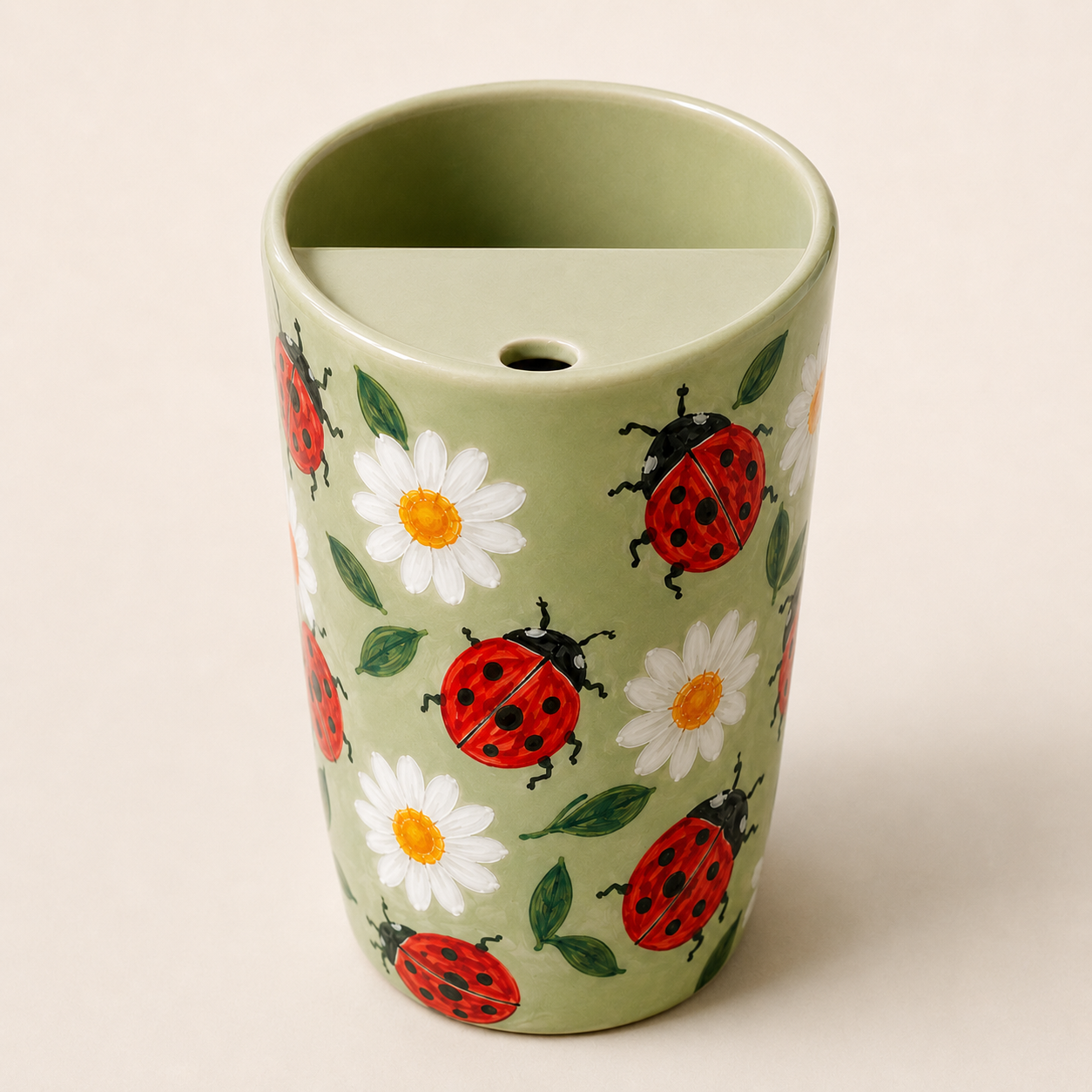 Handmade Ladybug Daisy Ceramic Travel Mug