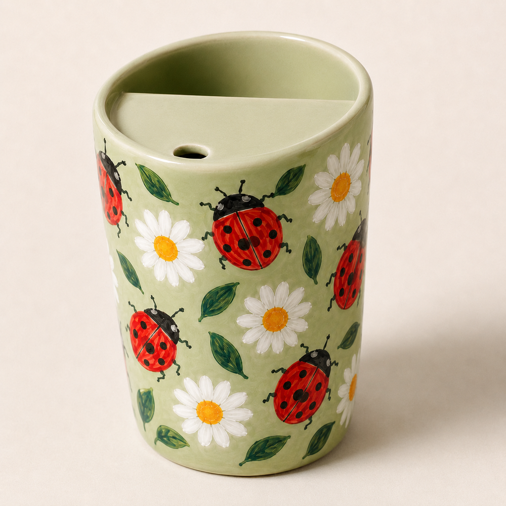 Handmade Ladybug Daisy Ceramic Travel Mug