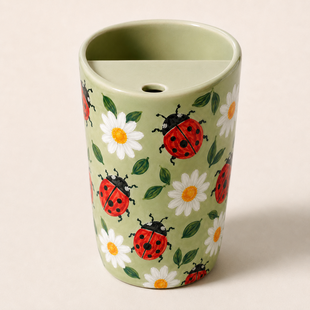 Handmade Ladybug Daisy Ceramic Travel Mug