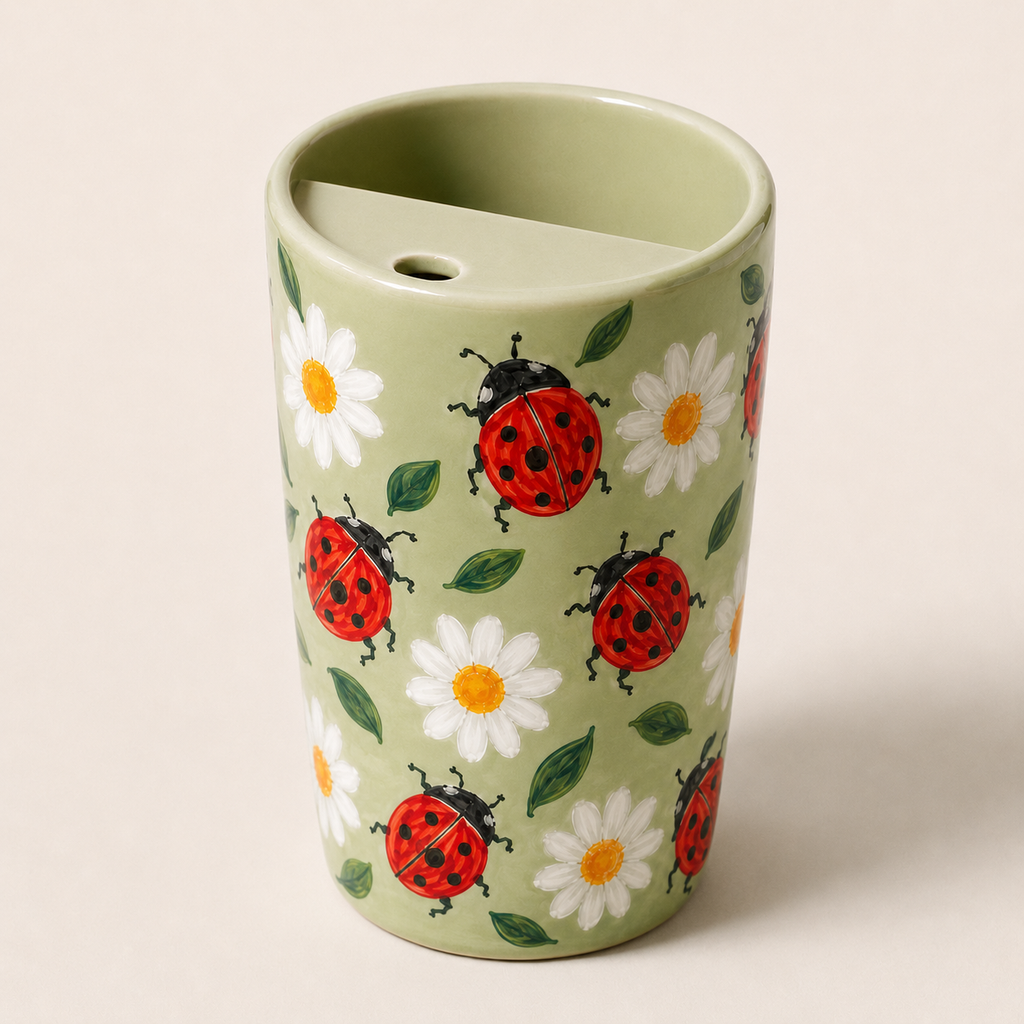 Handmade Ladybug Daisy Ceramic Travel Mug