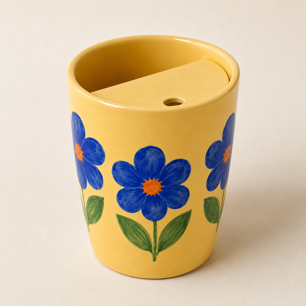 Yellow Blue Flower Handmade Ceramic Travel Mug